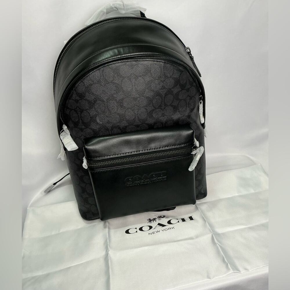COACH Signature Charter Backpack Signature Jacquard Canvas Black Charcoal New